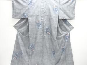 家屋に草花模様織り出し手織り紬着物